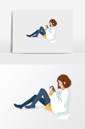 手绘躺着玩手机的女人插画元素图片