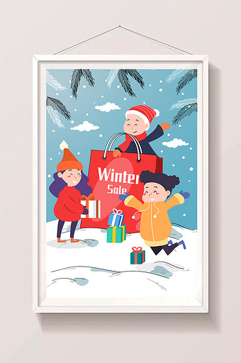 卡通冬季大促促销购物礼包礼品电商大雪插画图片
