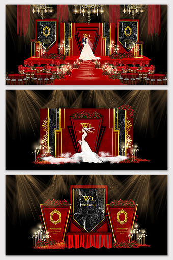 北欧风轻奢红黑婚礼效果图图片