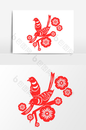 红色花朵小鸟剪纸设计元素图片