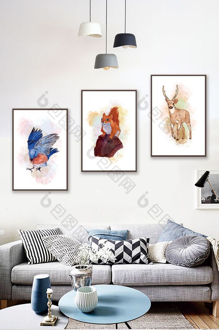 简欧手绘植物动物麋鹿风景客厅酒店装饰画图片图片