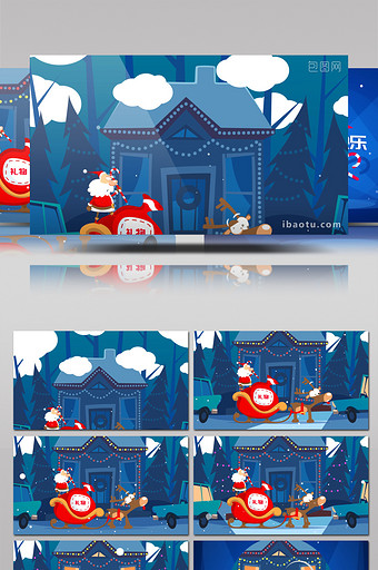 卡通动画圣诞老人雪橇车圣诞节片头AE模板图片