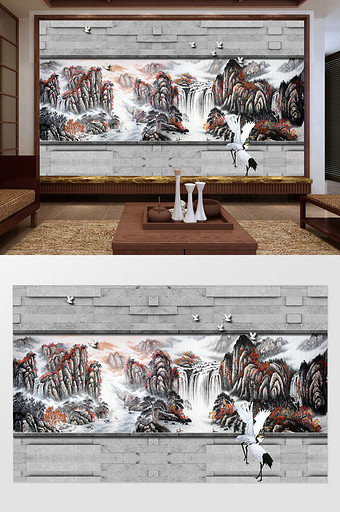 中式大气创意山水风景瀑布仙鹤鸟背景墙图片