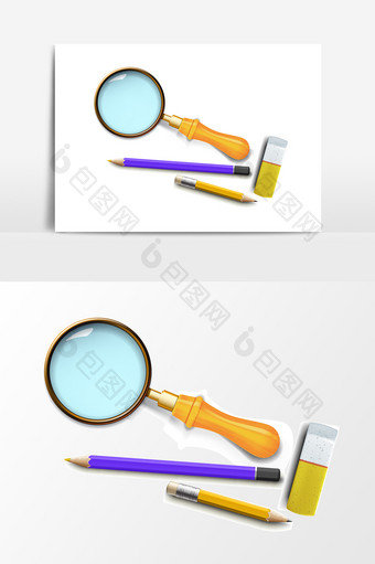 卡通放大镜笔橡皮擦设计元素图片