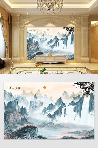 新中式大气意境山水画飞鹤电视背景墙图片