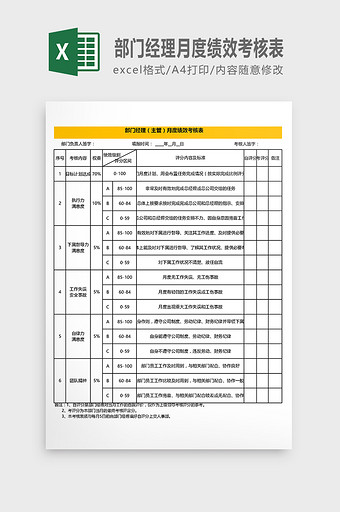 部门经理月度绩效黄底考核表图片