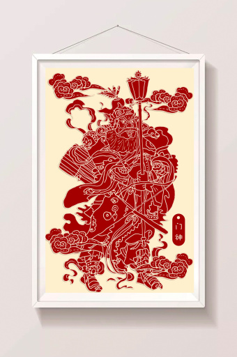 门神剪纸风插画图片