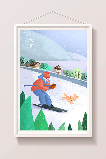 蓝色男孩大寒滑雪场景插画图片