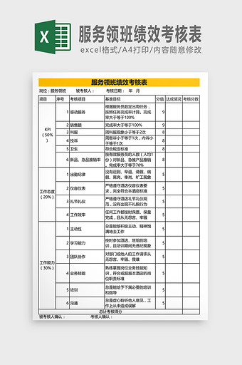 服务领班绩效考核表图片