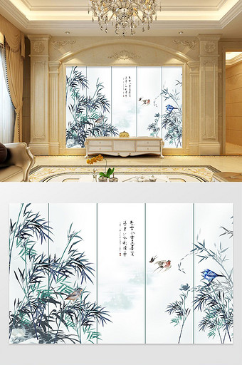 中式个性竹叶月色手绘电视背景墙图片