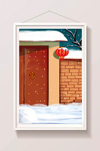 手绘春节挂灯笼的大门插画背景图片