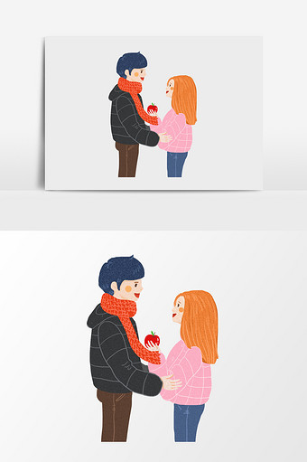 手绘拿着平安果的情侣插画元素图片