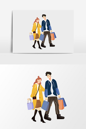 手绘去购物的情侣插画元素图片