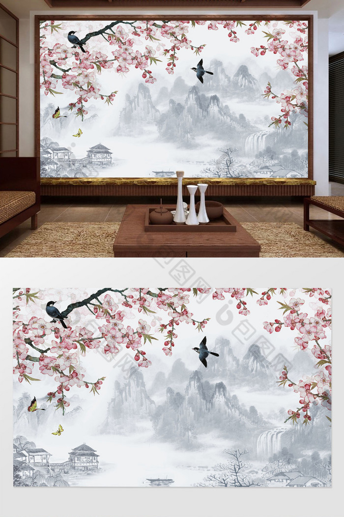 新中式工笔手绘花鸟山水电视背景墙图片图片