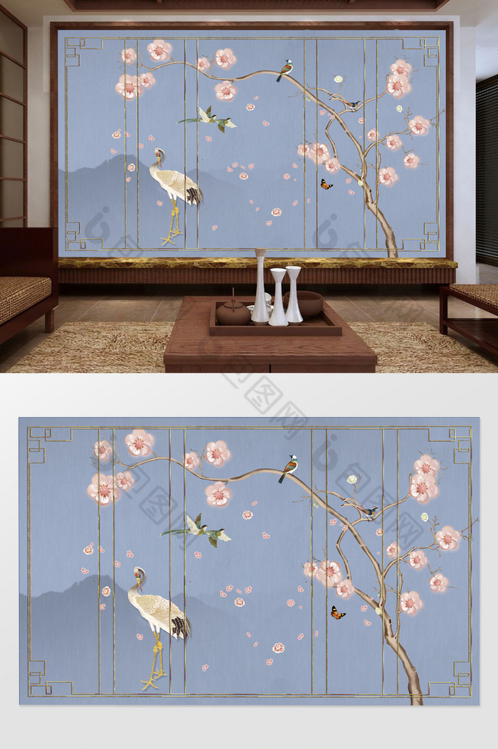 新中式手绘立体鲜花写意仙鹤背影山背景墙图片图片