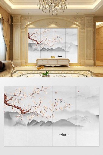 新中式手绘花鸟电视背景墙装饰图片