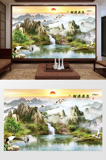 新中式山水白鹤瀑布电视背景墙图片