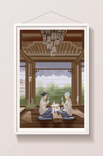 茶道中国传统文化喝茶饮茶冬季养生茶插画图片