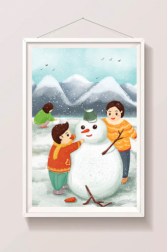小清新假期生活寒假雪地玩耍堆雪人插画图片
