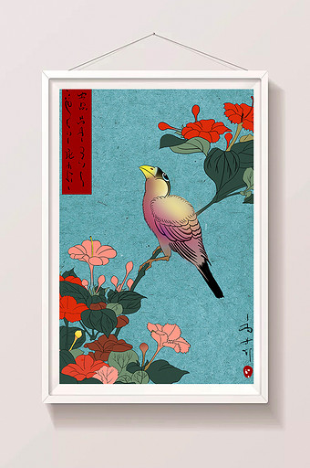浮世绘鲜花花卉画眉鸟类传统工笔背景插画图片
