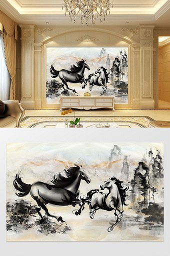 新中式手绘石纹山水画马到成功电视背景墙图片