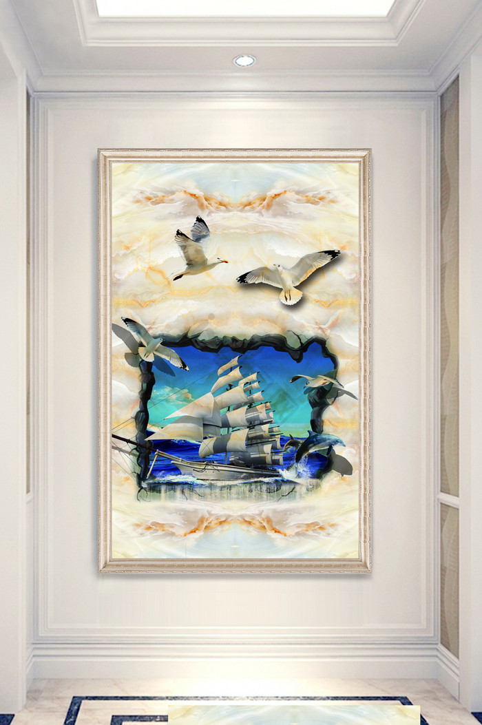 大理石创意3D蓝天大海帆船玄关装饰画
