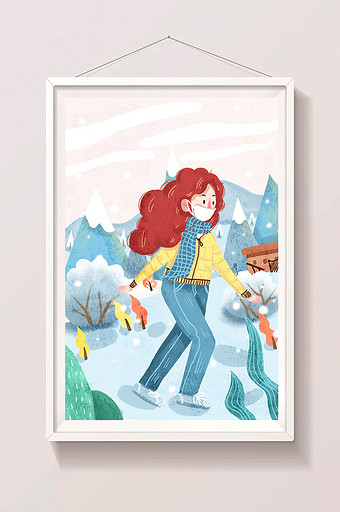 蓝色小清新节气大寒冬季女孩爬山插画海报图片