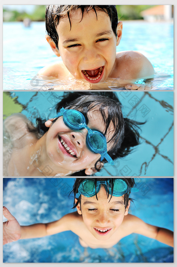 蓝色调游泳的小男孩摄影图