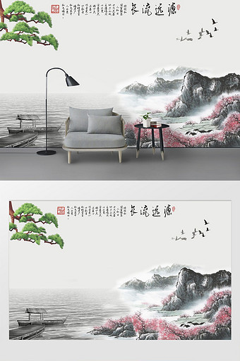 新中式迎客松沙发背景墙松鹤延年山水画写真图片