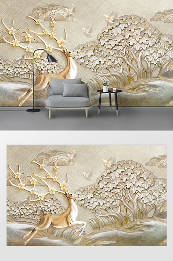 现代3d立体浮雕树小鸟金色小鹿电视背景墙图片