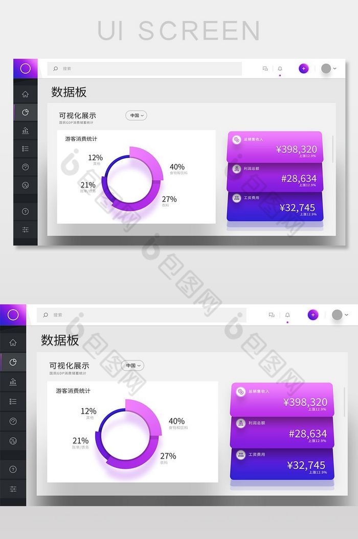 紫色渐变商务贸易系统后台数据统计网页界面图片图片