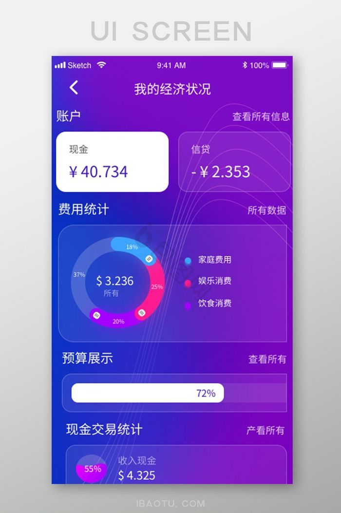 紫色渐变钱包app个人资金统计移动界面