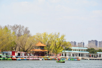 春天公园人工湖旁的游船码头