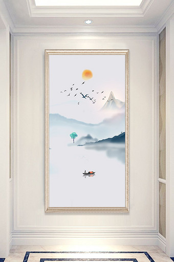 新中式山水手绘玄关装饰画图片