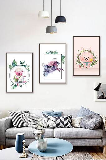 简欧手绘动植物绵羊兔子客厅卧室装饰画图片