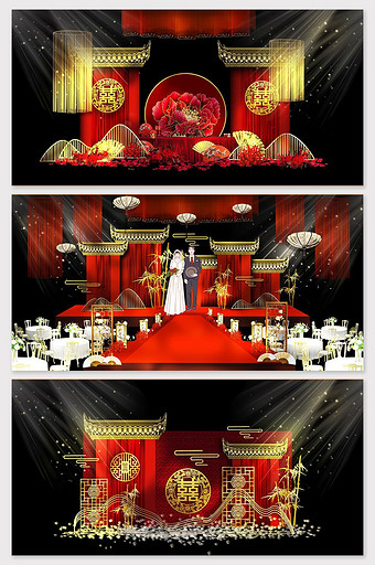 红色大气新中式婚礼效果图图片