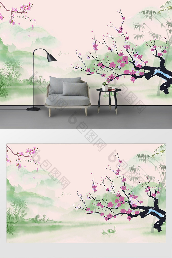 中式风景飞鸟山水背景墙图片图片
