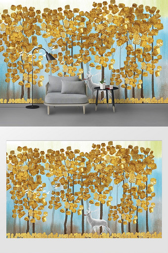 北欧金色抽象发财树鹿客厅背景墙图片