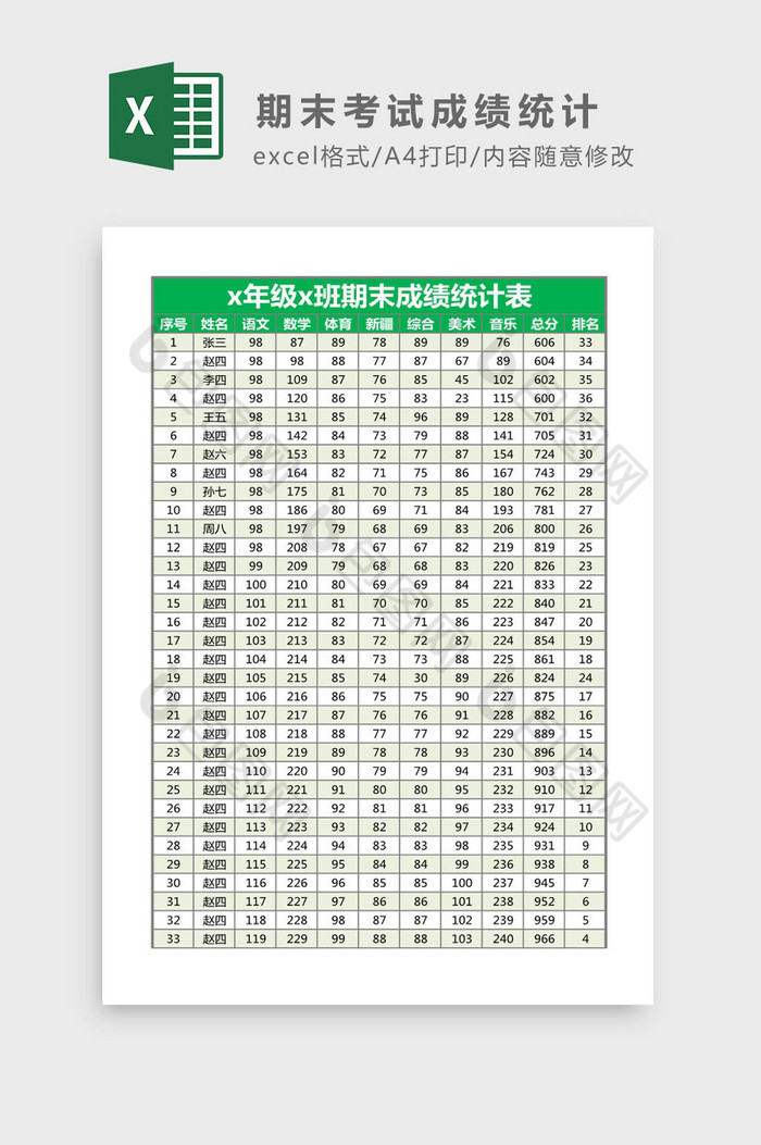 中小学生期末考试成绩统计表Excel模板