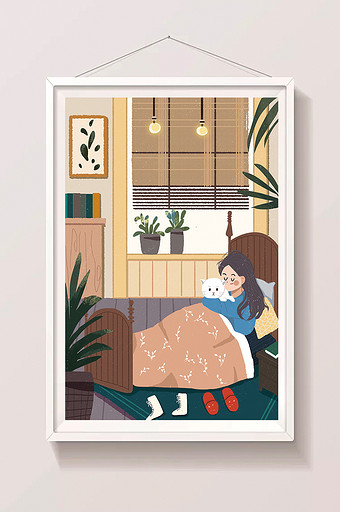 假期生活方式少女睡觉卡通室内唯美扁平插画图片