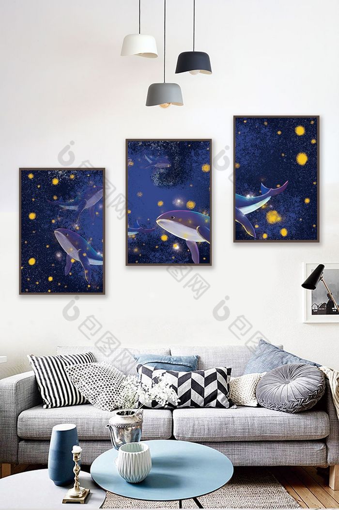 手绘夜晚星空鲸鱼晶磁风景儿童房装饰画图片图片