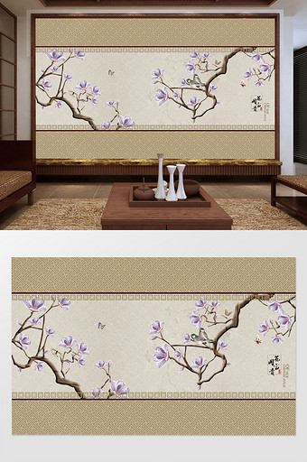 手绘新中式花鸟梅花海棠花壁画背景墙图片
