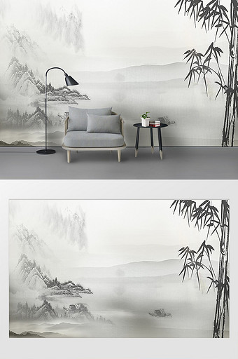 中国风水墨工笔竹子客厅背景墙图片