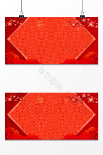 中国红纹理梅花祥云春节海报背景图图片