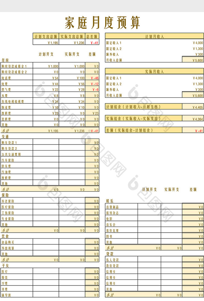 家庭月度预算表Excel模板