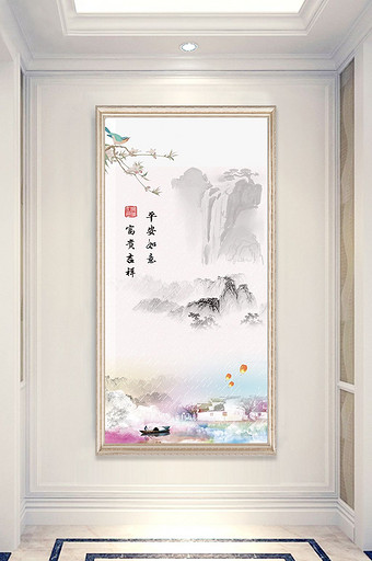 新中式手绘花鸟风景玄关装饰画图片