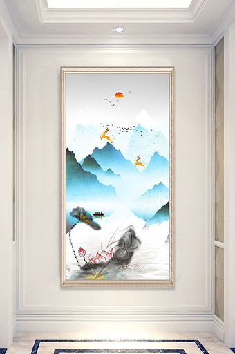 新中式禅意山水高山流水玄关抽象水墨装饰画图片