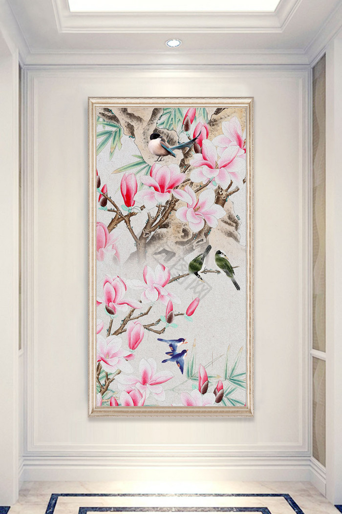中式唯美浮雕油画花卉小鸟玄关装饰画