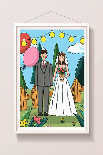 浪漫婚礼情侣结婚卡通唯美插画图片