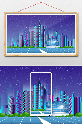 蓝色城市风光建筑立体插画图片